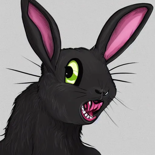 Image similar to A extremely highly detailed majestic hi-res beautiful, highly detailed head and shoulders portrait of a scary terrifying, horrifying, creepy black cartoon rabbit with scary big eyes, earing a shirt laughing, hey buddy, let's be friends, in the retro art style of Walt Disney