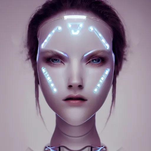 Image similar to beautiful centered fine art photo portrait of beautiful girl as a solarpunk robotic humanoid, white mechanical parts with led lights, bouguereau style pose, photorealistic, white background, highly detailed and intricate, soft box lighting, hdr 8 k