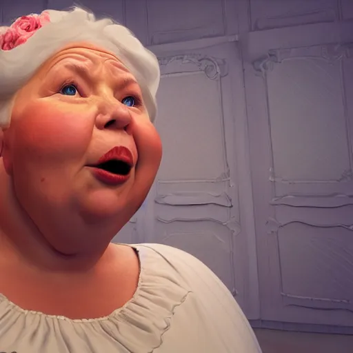 Image similar to of a very funny scene. ambient occlusion render. a sweet fat old woman is in kissing her huge belly. flowery dress. mirror. symmetrical face, red mouth, blue eyes. deep focus, lovely scene. ambient occlusion render. concept art. unreal engine.