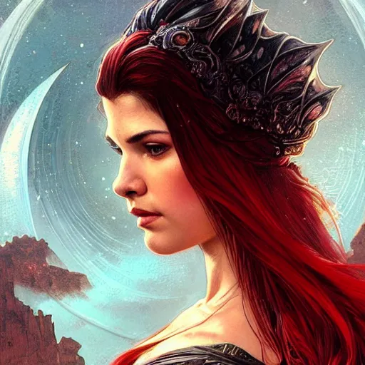 Image similar to beautiful Marie Avgeropoulos as Red Queen, Blodreina, sci-fi, closeup, D&D, fantasy, intricate, elegant, highly detailed, digital painting, artstation, concept art, matte, sharp focus, illustration, art by Artgerm and Greg Rutkowski and Alphonse Mucha
