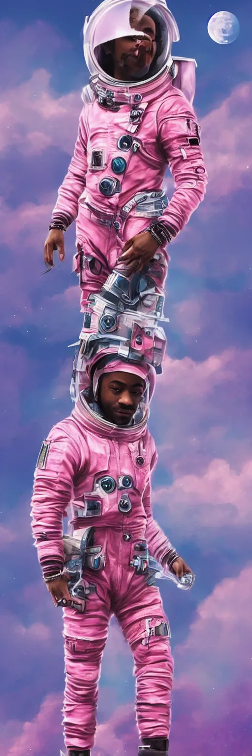 Image similar to Cinematic full body portrait of Lil Uzi Vert wearing a pink spacesuit, cinematic photograph, matte painting, trending on artstation, space clouds art