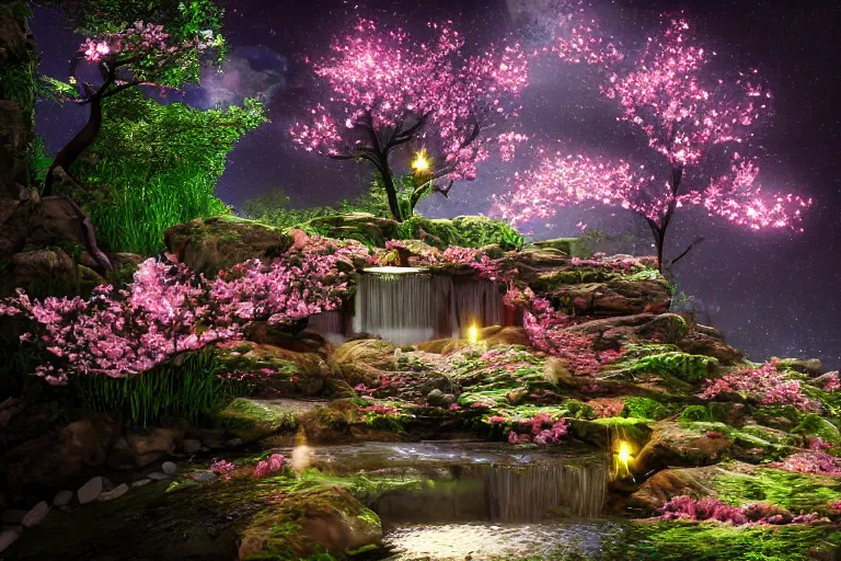 Prompt: Isometric bio-luminescent waterfall, cherry-blossom-tree, night-time, moon, fireflies, atmospheric, magical atmosphere, octane render, artstation, HD, 8K