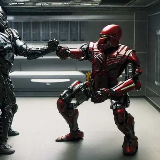 Image similar to the predator plays an intense life or death game of rock paper scissors against robocop, hyper detailed, high resolution, 8k UHD