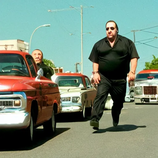 Prompt: tony soprano chasing a truck filled with gabagool