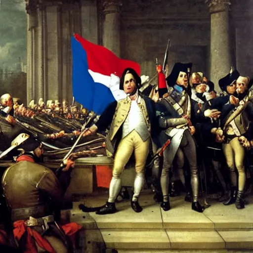 Image similar to François Hollande leads the French Revolution (1789), oil on canvas, 1882. Epic, grandiose, scale