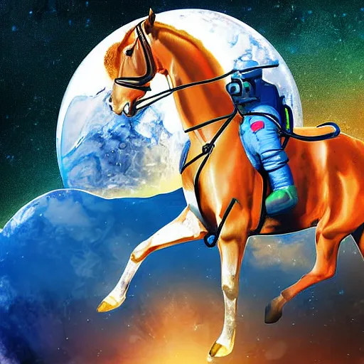 Image similar to digital art, astronaut riding a horse in space