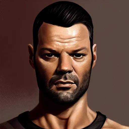 Image similar to portrait of a bald!!! ricky martin in mid thirties with gray designer stubble!!!!!!! by greg rutkowski, attractive, highly detailed portrait, scifi, digital painting, artstation, concept art, smooth, sharp foccus ilustration, artstation hq