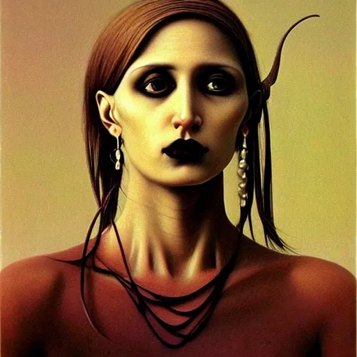 Image similar to goth woman with pearl earrings painting by Zdzisław Beksiński