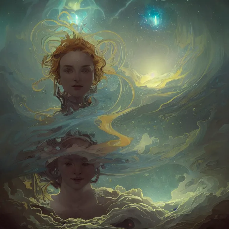 Image similar to bright eyes full of cosmic nebulae drowning in a boiling ocean, concept art, nostalgic melancholic artwork, by Peter Mohrbacher and Alphonse Mucha, detailed, style, 8k, trending on artstation, unreal engine 4k, detailed, clean background trending, full shot, symmetrical portrait, sophisticated, Unreal engine, dystopia, anti-utopia, post processing, psychadelic