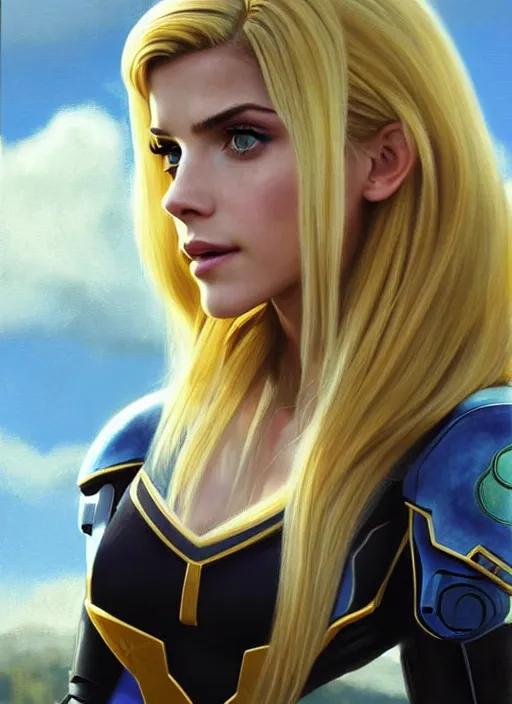 Image similar to portrait of a combination of Ashley Greene, Katheryn Winnick, Victoria Justice and Adriana Dxim, Grace Kelly, Emma Watson and Lily Collins with blonde hair wearing Samus' Armor from Metroid, countryside, calm, fantasy character portrait, dynamic pose, above view, sunny day, thunder clouds in the sky, artwork by Jeremy Lipkin and Giuseppe Dangelico Pino and Michael Garmash and Rob Rey and Greg Manchess and Huang Guangjian, very coherent asymmetrical artwork, sharp edges, perfect face, simple form, 100mm