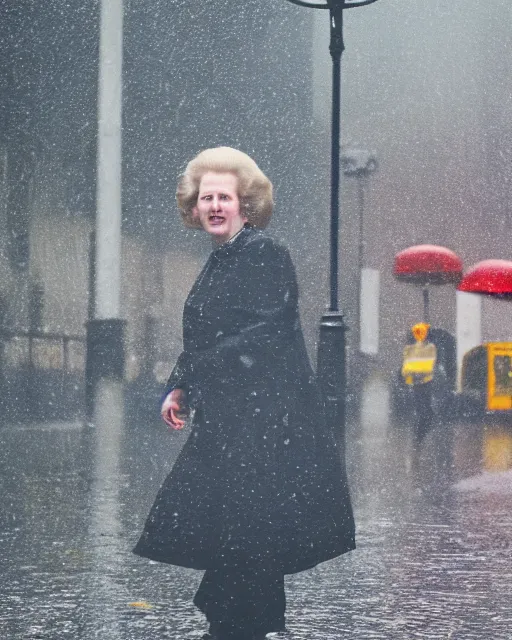 Image similar to margaret thatcher in torrential rainstorm on london street, full body, atmospheric moody hyper realistic award winning color cinematic still 8 k