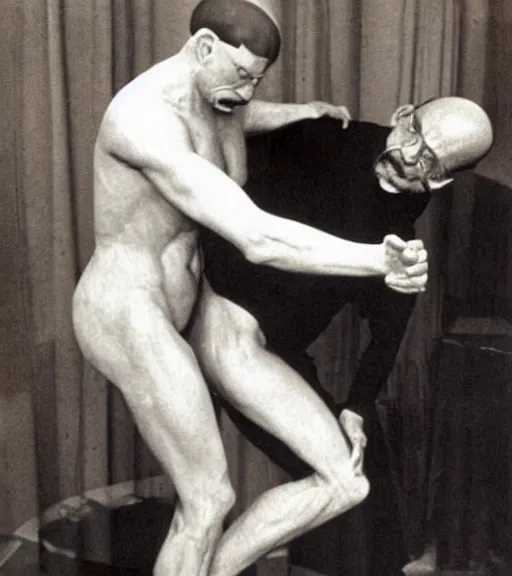 Image similar to full body, sigmund freud wrestling with michel foucault, sculpture by auguste rodin