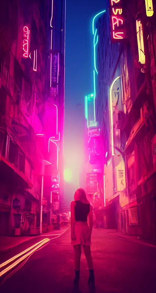 Image similar to women, neon lights, city, glow, sunset, atmospheric, cinematic, retrowave style,