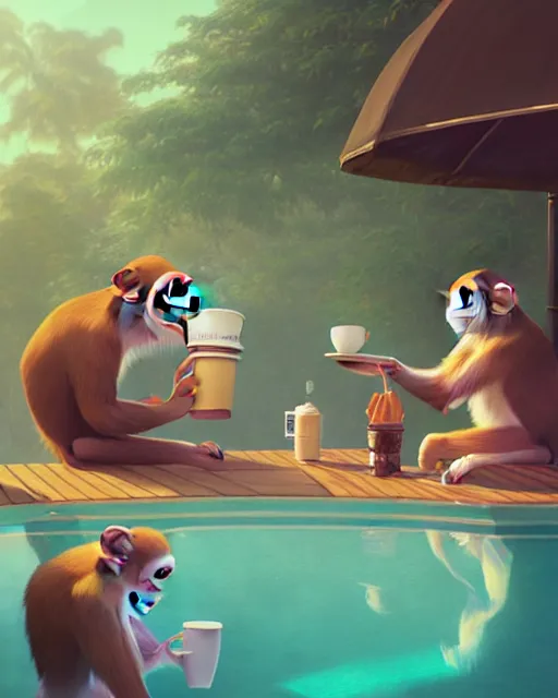 Image similar to highly detailed surreal vfx portrait of cartoon monkeys drinking coffee at a pool party, stephen bliss, unreal engine, greg rutkowski, loish, rhads, beeple, makoto shinkai and lois van baarle, ilya kuvshinov, rossdraws, tom bagshaw, global illumination, detailed and intricate environment