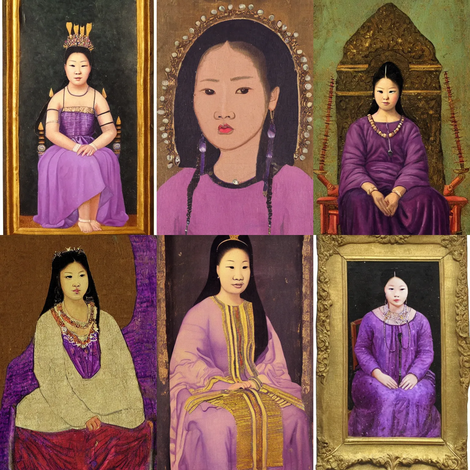 Prompt: ancient portrait painting of jennie kim sitting on a purple throne with spikes