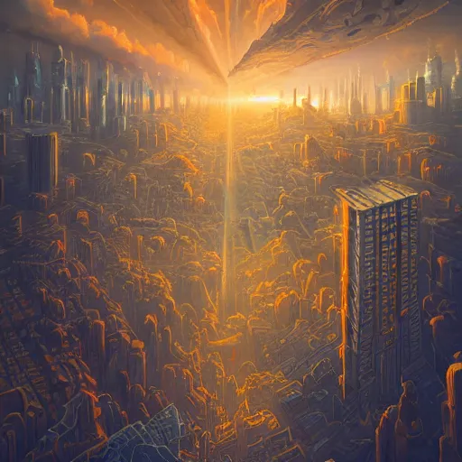 Prompt: A highly symmetrical and deeply coherent painting of an enigmatic city in the clouds, by Justin Gerard and Peter Mohrbacher and Laurie Greasley, award winning, volumetrics, light rays, 50mm lens, 15mm lens, 100mm lens, studio lighting, 8K