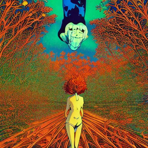 Image similar to A beautiful composition of a psychedelic glowing spirit animal psychonaut floating above a hedge maze, DMT, rich details full of texture, realistic eyes, artwork by Satoshi Kon and Yoshitaka Amano and Moebius