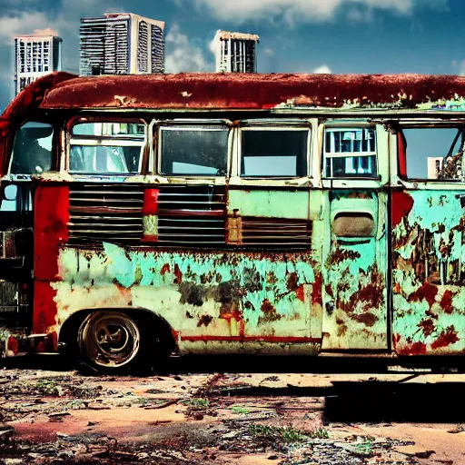 Prompt: wide angle shot of dilapidated fallout 5 miami, tropical coastal city, desolate, dilapidated, just a rusted retro futuristic vintage parked vehicles like cars, buses, trucks, trams, sunny weather, few clouds, volumetric lighting, photorealistic, daytime, spring, 4 0 0 0 k sharp focus, ultra detailed