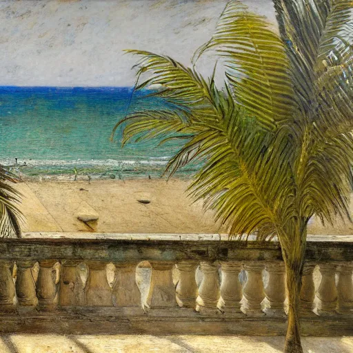 Image similar to a ultradetailed beautiful painting of a old boat in the amazonas palace balustrade designed by jules bastien - lepage, tarsila do amaral, frank weston and gustave baumann, beach, trending on artstation, mediterranean, palm trees, sharp focus, soft light, 8 k 4 k