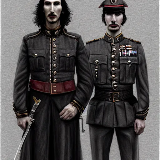 Prompt: a portrait of john oliver standing next to adam driver, stoic, military uniform, fantasy, intricate, elegant, beautiful, highly detailed, charcoal, centered, dark, smokey, digital painting, artstation, concept art, smooth, sharp focus, illustration, art by samma van klaarbergen - h 7 0 4