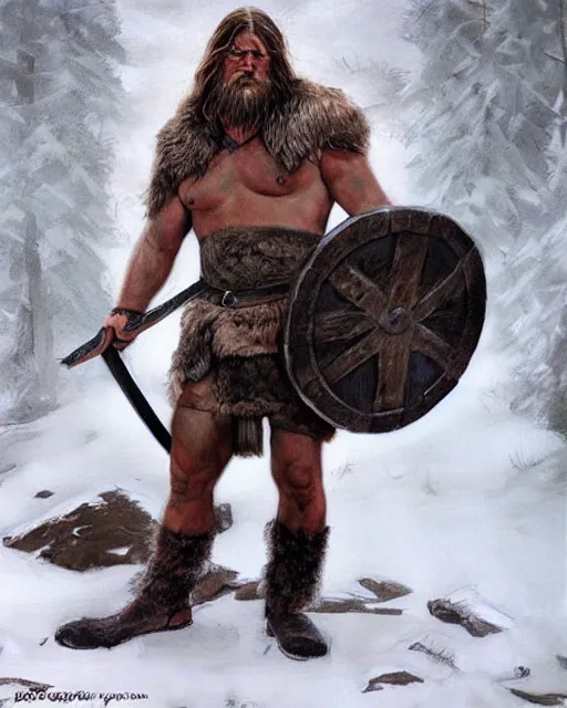 Prompt: realistic full body painting of viking barbarian, winter, epic, gwent, steve huston style newell convers wyeth,