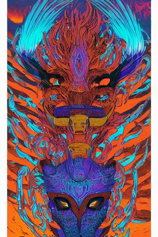 Image similar to animal mask totem roots tribal feather gemstone plant wood rock shaman vodoo video game vector illustration vivid multicolor borderlands comics by josan gonzales and dan mumford radiating a glowing aura