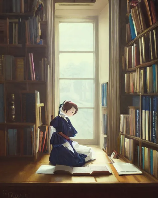 Image similar to a portrait of a victorian maid standing in a victorian reading room, window, bookshelf, holding a stack of books, vivid colors, soft lighting, atmospheric, cinematic, moody, in the style of Ilya Kuvshinov and Range Murata, Krenz Cushart, oil on canvas, anime, 8K