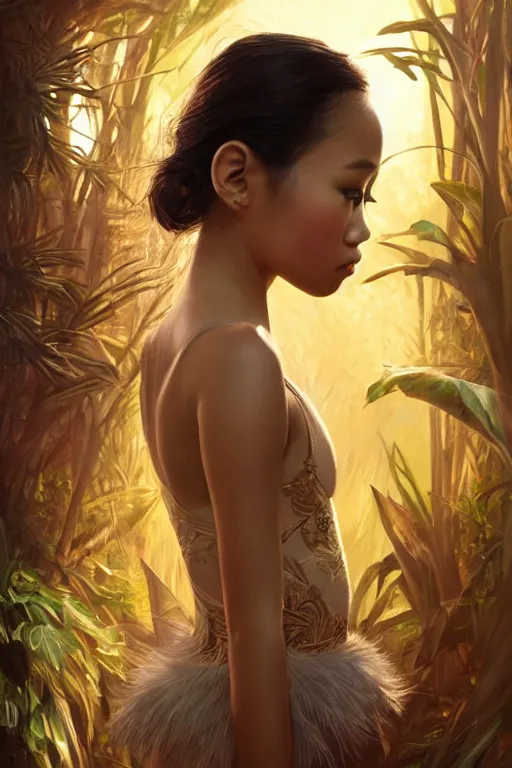 Prompt: stunningly beautiful, filipina prima ballerina in jungle, symmetrical face, golden hour, smooth, focus, highly detailed, hyper realistic, dramatic lighting, elegant, intricate, concept art, low angle, art by wlop, mars ravelo, greg rutowski, artstation