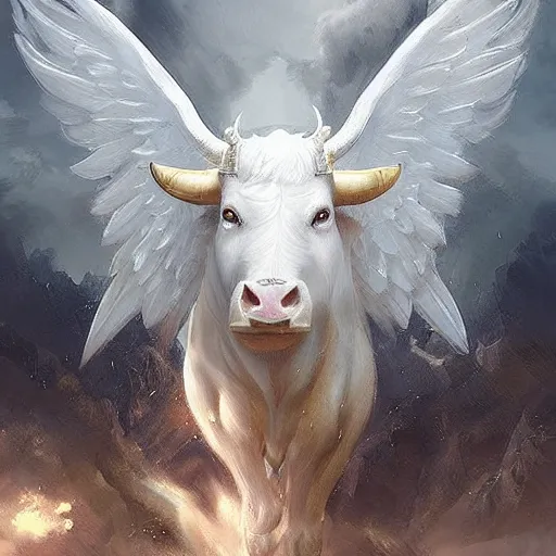 Image similar to a white bull with angelic wings, epic fantasy digital art, fantasy style art, by Greg Rutkowski, fantasy hearthstone card art style