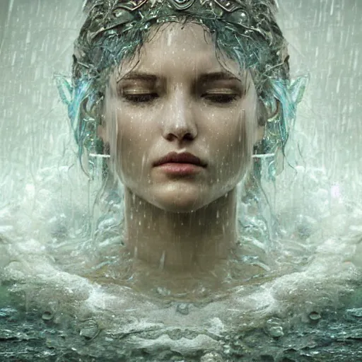 Image similar to photo realistic image of a goddess of rain, made of water, wet, stunning 3 d render inspired art by istvan sandorfi and greg rutkowski, perfect facial symmetry, realistic, highly detailed attributes and atmosphere, dim volumetric cinematic lighting,