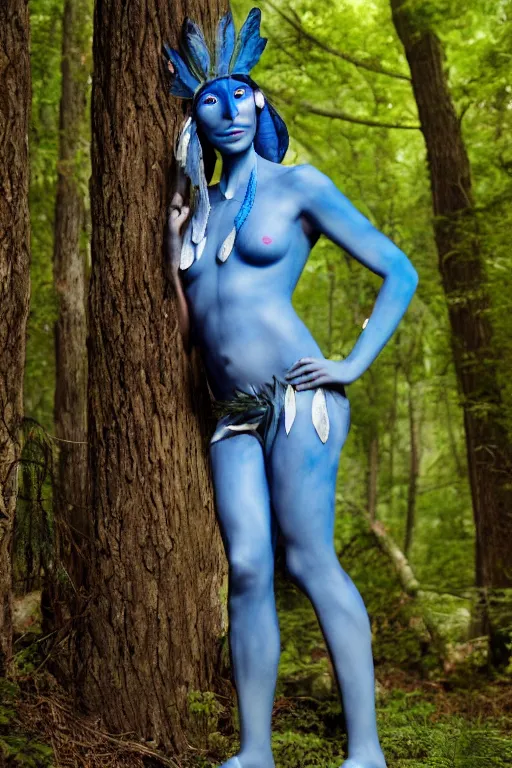 Image similar to a french woman dressed as a blue-skinned female navi from avatar standing in a forest, blue body paint, high resolution film still, 8k, HDR colors, cosplay, outdoor lighting, high resolution photograph, photo by bruce weber