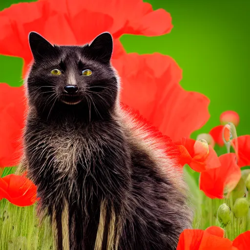 Image similar to a closeup photorealistic photograph of a black cute adult cat sitting on 4 paws next to big a black and white adult racoon in a field of poppy with a red sunset in the background. This 4K HD image is Trending on Artstation, featured on Behance, well-rendered, extra crisp, features intricate detail and the style of Unreal Engine.