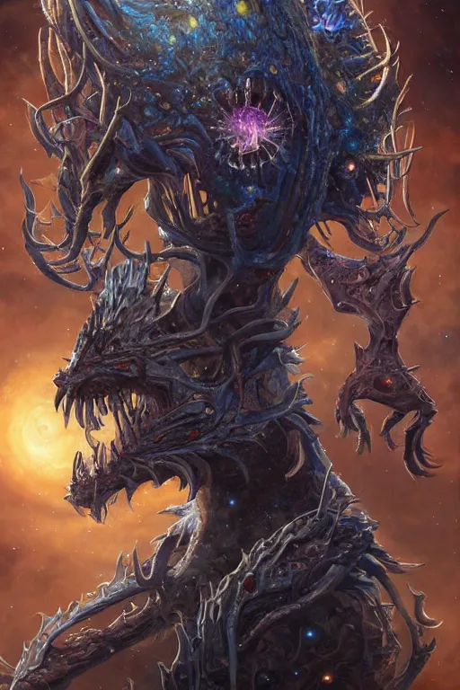 Image similar to beautiful oil painting with rich details of a starfields loosely clung together as a chaos human-beast hybrid, hybrid from dungeons and dragons and art direction by James Cameron ;by artgerm; wayne reynolds art station; cinematic quality character render; low angle; ultra high quality model; production quality cinema model;