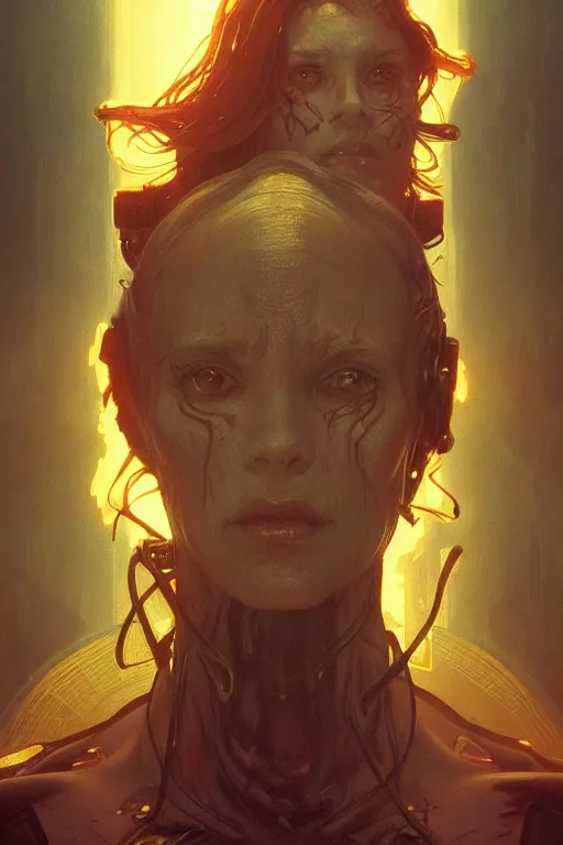 Prompt: a close-up portrait of a monster, dramatic backlighting, golden hour, autochrome, high contrast, highly detailed, sharp focus, digital painting, concept art, illustration, cyberpunk, solarpunk, trending on artstation, art by greg rutkowski and greg hildebrandt, composition by alphonse mucha