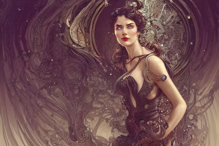 Image similar to a pretty woman made of liquid metal surrounded by an environment designed by Joe Fenton, fog, volumetric lighting, intricate, elegant, highly detailed, digital painting, artstation, concept art, smooth, sharp focus, art nouveau, art by artgerm and greg rutkowski and alphonse mucha