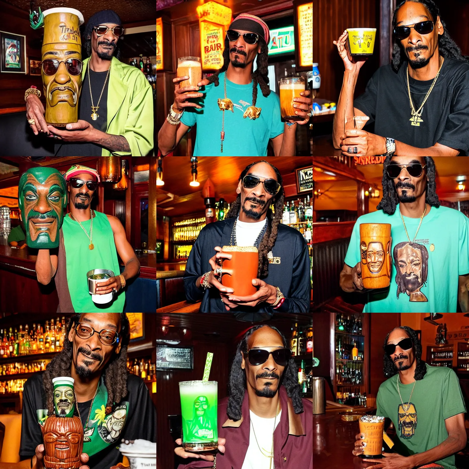 Image similar to snoop dogg at trader vic's bar holding a tiki mug with his face on it