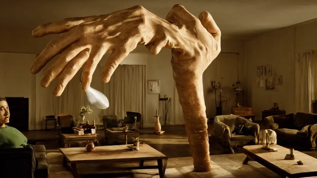 Image similar to a giant hand made of wax and water floats through the living room, film still from the movie directed by Denis Villeneuve with art direction by Salvador Dalí, wide lens