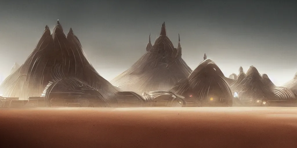 Image similar to dune city with trees and water, and temples of arrakis, arrakeen, arab ar architectural and brutalism and gigantism, from frank herbert novels, composition idea concept art for movies, style of denis villeneuve and greg fraiser