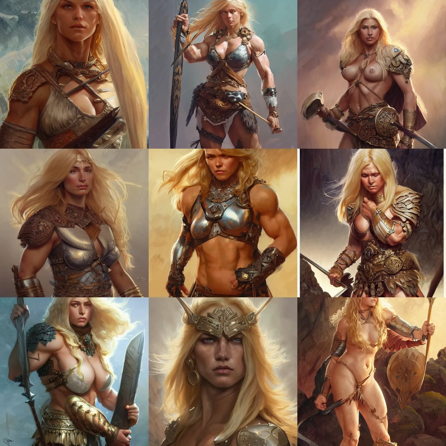 Prompt: a blonde haired barbarian woman, muscular upper body, D&D, fantasy, intricate, elegant, highly detailed, digital painting, artstation, concept art, smooth, sharp focus, illustration, art by artgerm and greg rutkowski and alphonse mucha