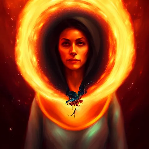 Prompt: ( hyperrealist distant portrait of a woman dressed as a flamenco and a portal of dragons, in the background the universe. ) by anato finnstark, dynamic lighting, beautiful, trending on artstation, wallpaper, 4 k, award winning, digital art, very detailed