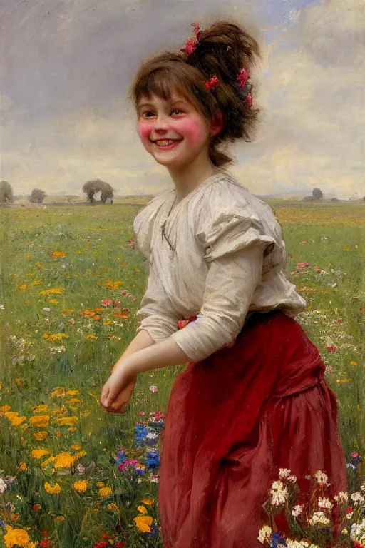 Image similar to Solomon Joseph Solomon and Richard Schmid and Jeremy Lipking victorian genre painting portrait painting of a laughing young village girl in an open field of flowers, red background