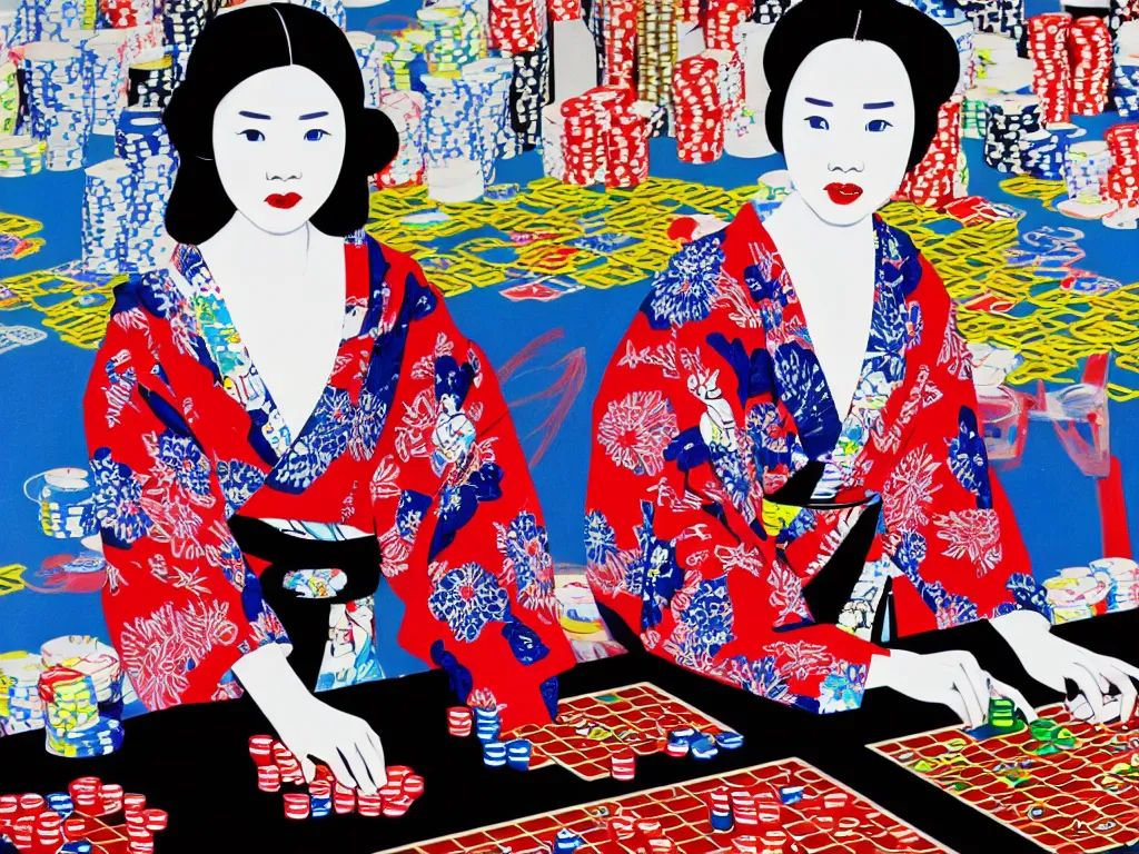 Image similar to hyperrealism composition of the detailed single woman in a japanese kimono sitting at an extremely detailed poker table with stormtrooper, fireworks, river on the background, pop - art style, jacky tsai style, andy warhol style, acrylic on canvas