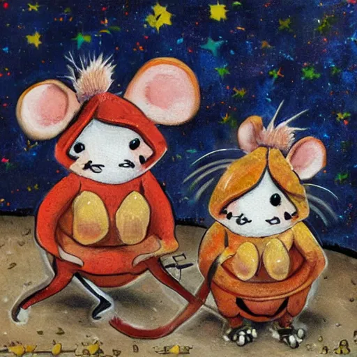 Prompt: two cheerful mice on a planet made of cheese, highly detailed painting