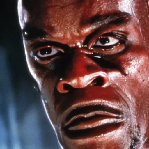 Image similar to Samuel L. Jackson plays Terminator, scary, red eye glowing, skeleton, scene from the film