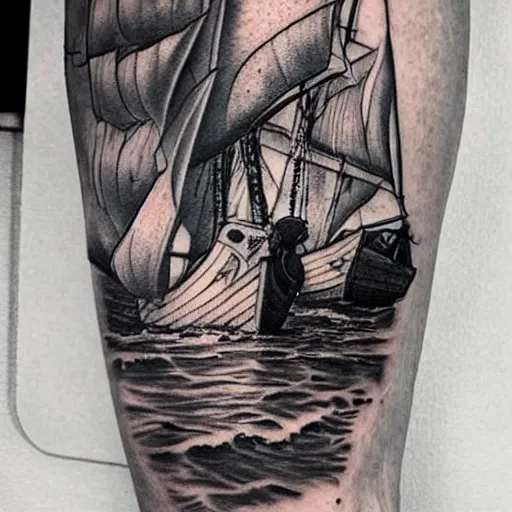 Prompt: realism tattoo design of a pirate ship, by Matteo Pasqualin tattoo artist