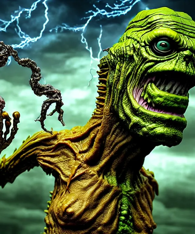 Prompt: hyperrealistic rendering, epic boss battle, cronenberg flesh monster creature from the black lagoon frankenstein, by art of skinner and richard corben, product photography, collectible action figure, sofubi, hottoys, storm clouds, outside, lightning