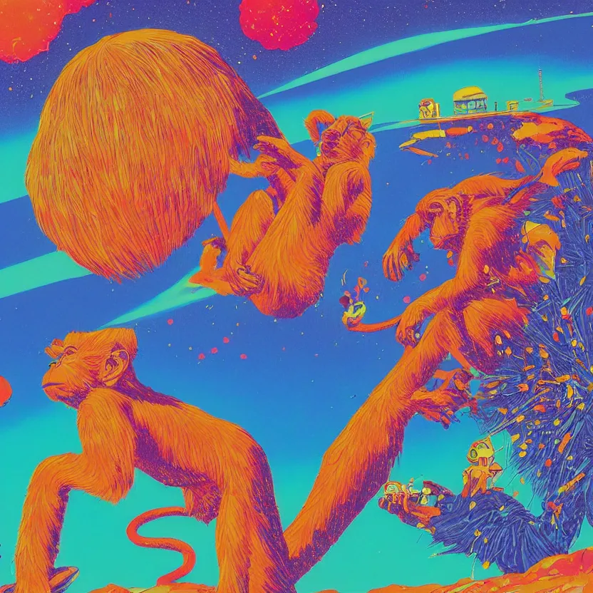 Prompt: a ULTRA-VIBRANT closeup portrait of a monkey sitting on a nox of fireworks and blotter paper of LSD acid and dreaming psychedelic hallucinations in the vast icy landscape of Antarctica, by kawase hasui, moebius and Edward Hopper, colorful flat surreal design, hd, 8k, artstation