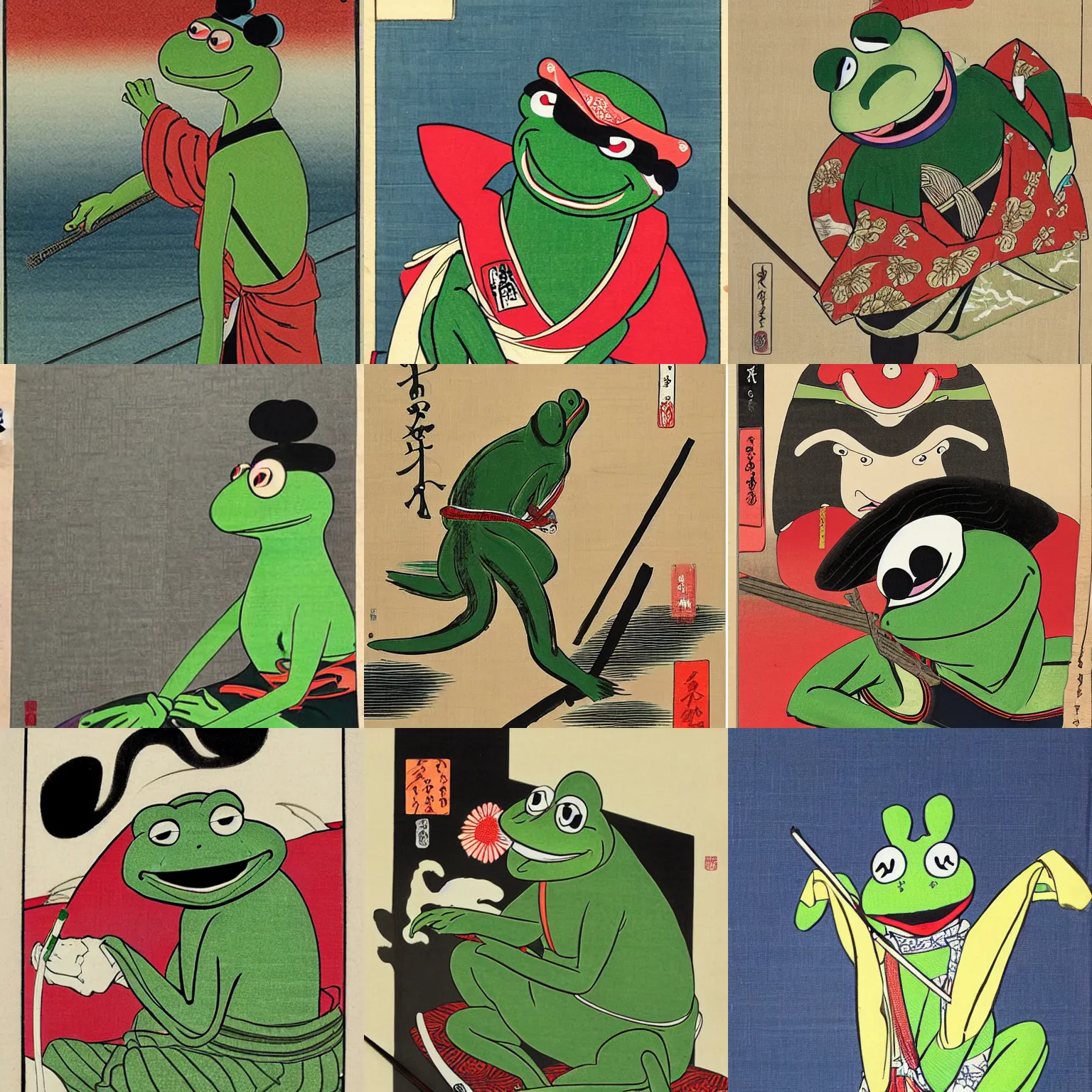 Prompt: ukiyo-e painting of Kermit the frog as a samurai