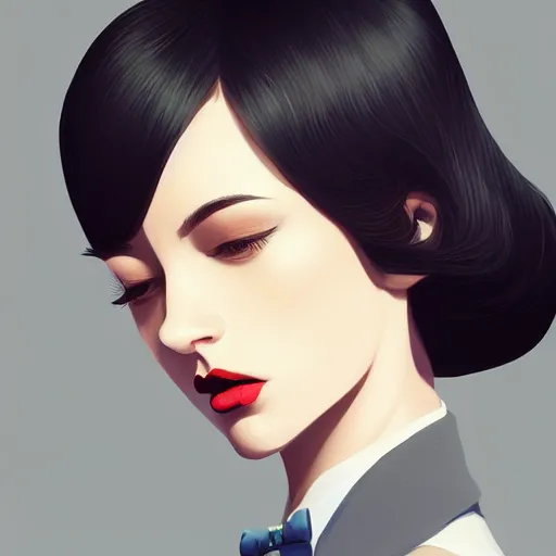 Image similar to aristocrat young female in black tuxedo, scornful, disdainful, muted colors, matte print, pastel colors, 2d, ultra highly detailed, smooth, sharp focus, digital art, digital painting, fan art, elegant, artstation, head is centered, by Ilya Kuvshinov