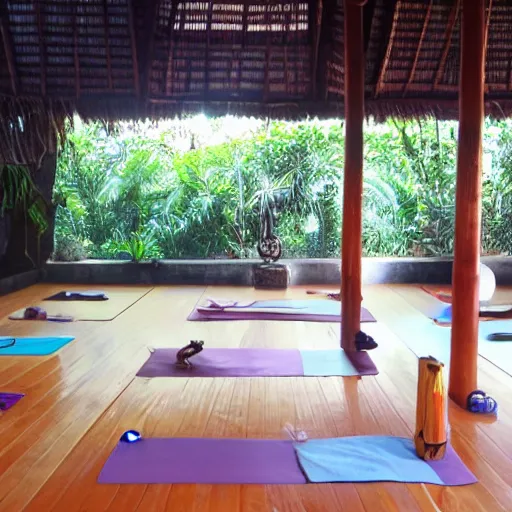 Prompt: balinese yoga studio, forward facing, light from side